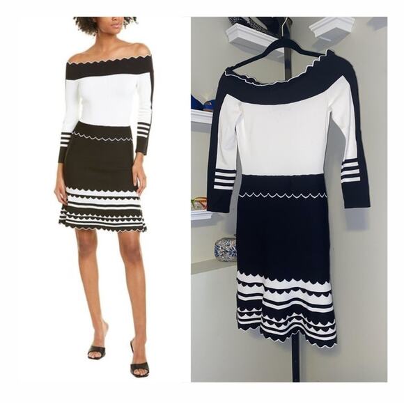 Yigal Azrouel Dresses & Skirts - Yigal Azrouel Inc Black & White Striped Off Shoulder Knit Dress